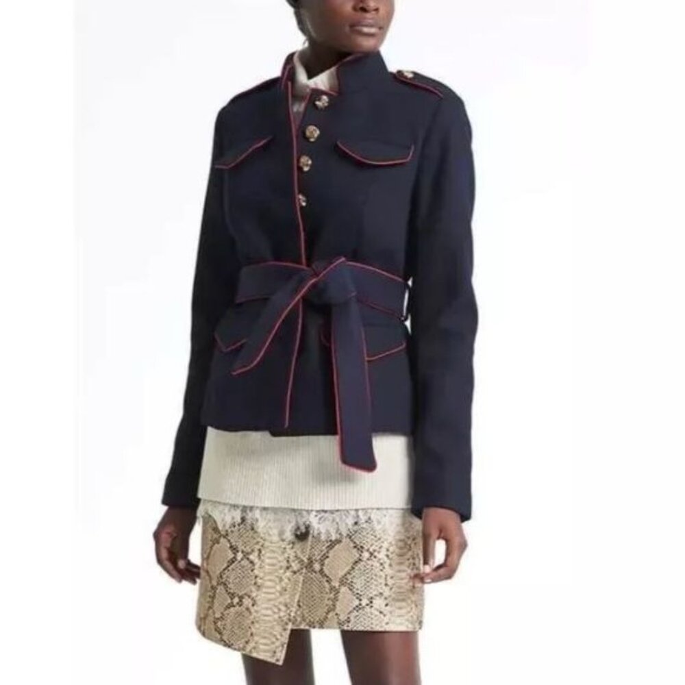 Olivia Palermo Banana Republic Belted Military Navy Blue Red Jacket Size Small - Picture 9 of 9